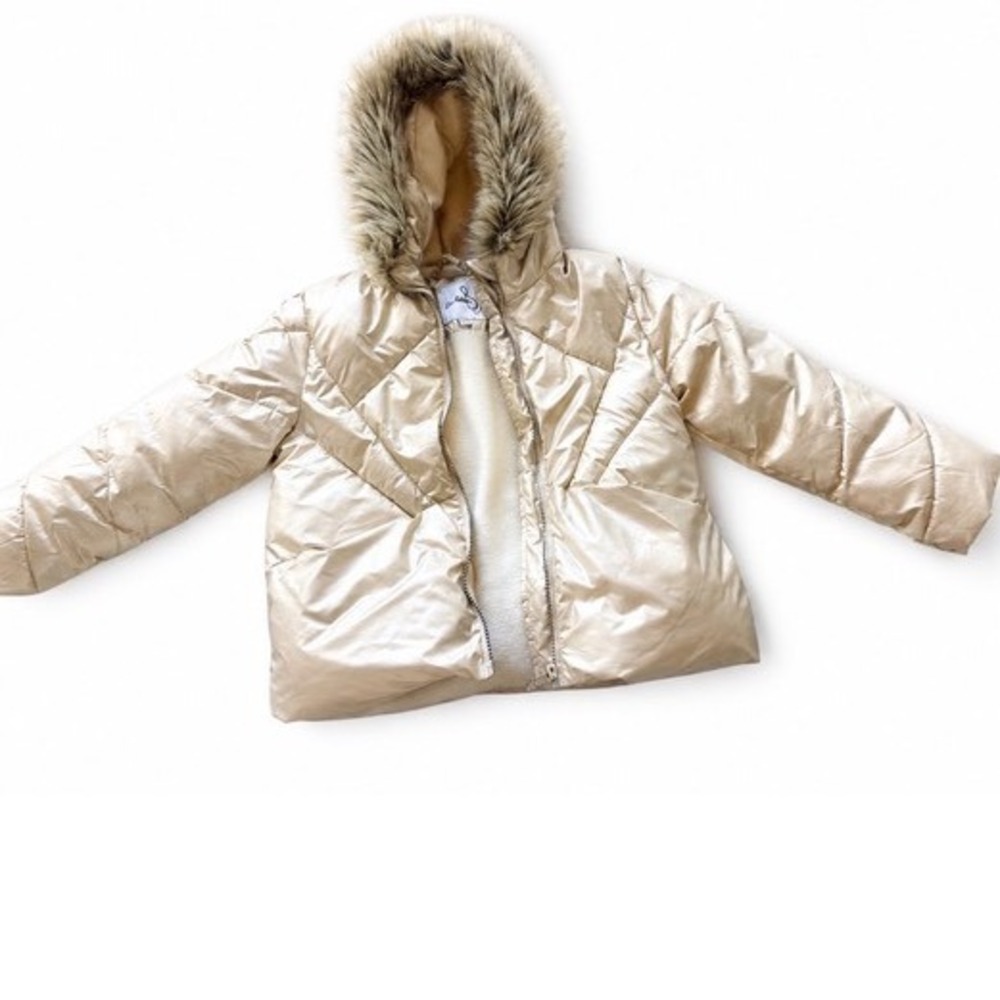 Sam Edelman Girls Metallic Champagne Gold Puffer Jacket Faux Fur Hood Size 6X